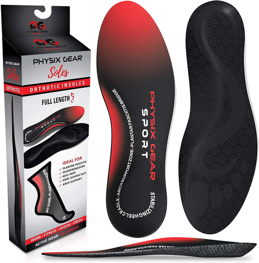 Physix Gear Orthotic Insoles for Men & Women - Arch Support Orthotics Insole, Orthopedic Insoles, Inserts for Men & Women, Foot Insoles for Plantar Fasciitis Comfort, Shoe Insert, Feet, Red/Black, S