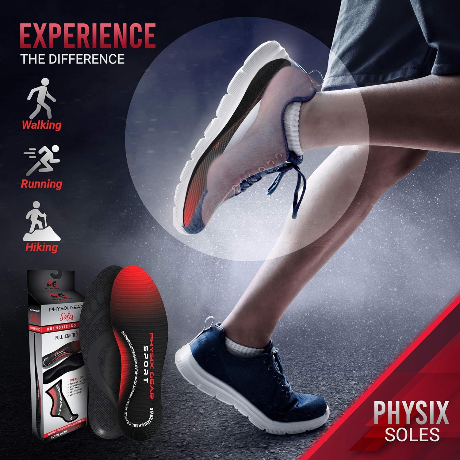 Physix Gear Orthotic Insoles for Men & Women - Arch Support Orthotics Insole, Orthopedic Insoles, Inserts for Men & Women, Foot Insoles for Plantar Fasciitis Comfort, Shoe Insert, Feet, Red/Black, S