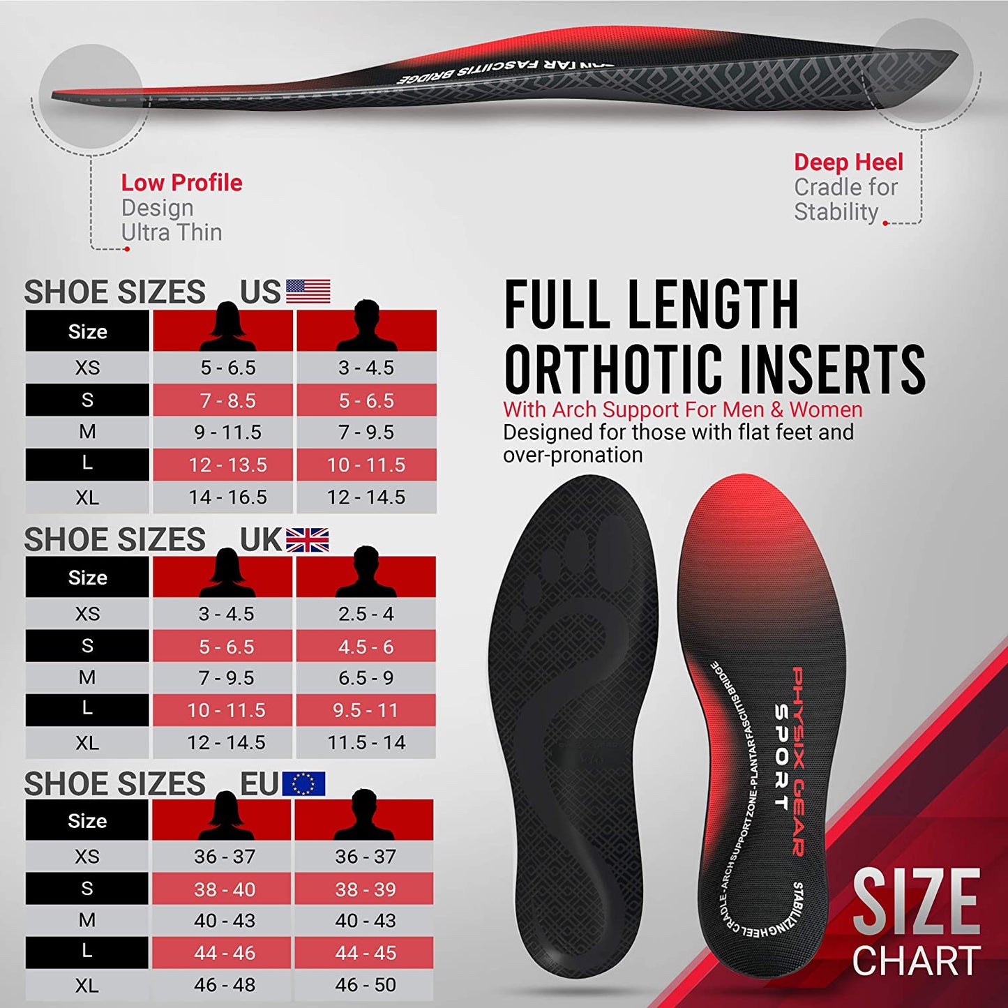Physix Gear Orthotic Insoles for Men & Women - Arch Support Orthotics Insole, Orthopedic Insoles, Inserts for Men & Women, Foot Insoles for Plantar Fasciitis Comfort, Shoe Insert, Feet, Red/Black, S