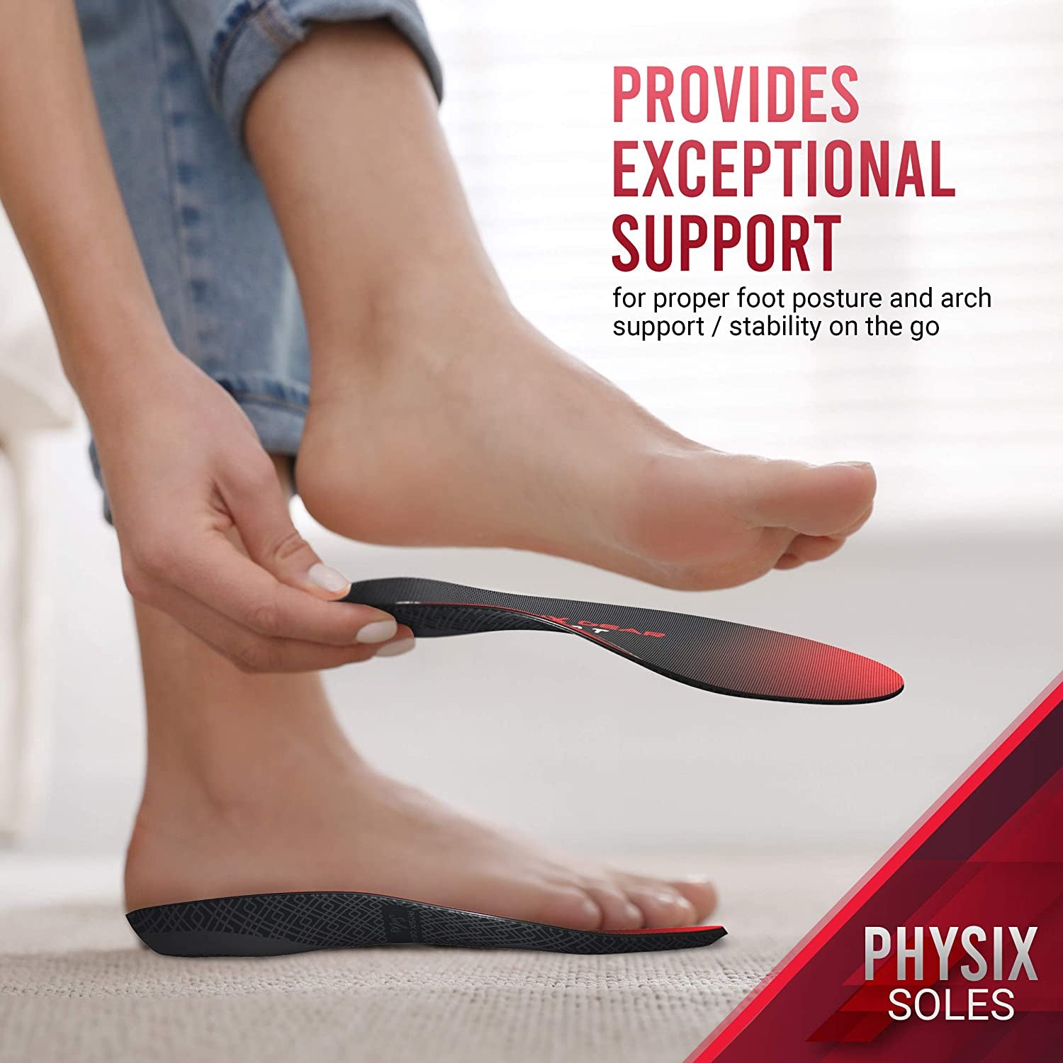 Physix Gear Orthotic Insoles for Men & Women - Arch Support Orthotics Insole, Orthopedic Insoles, Inserts for Men & Women, Foot Insoles for Plantar Fasciitis Comfort, Shoe Insert, Feet, Red/Black, S