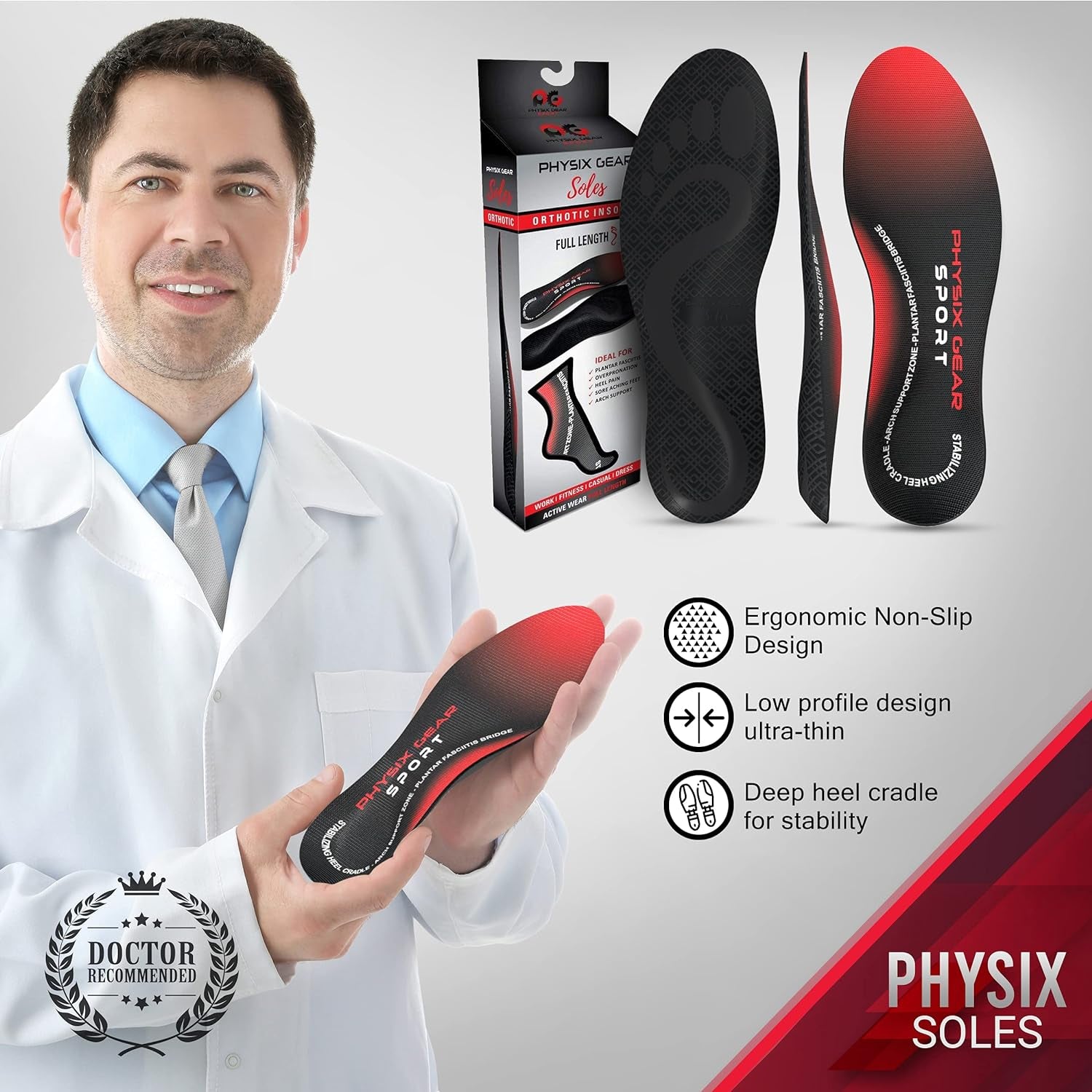 Physix Gear Orthotic Insoles for Men & Women - Arch Support Orthotics Insole, Orthopedic Insoles, Inserts for Men & Women, Foot Insoles for Plantar Fasciitis Comfort, Shoe Insert, Feet, Red/Black, S